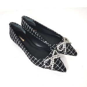 Larroude Flats Lee Pointed Toe Crystal Bow in Black White Plaid Tweed